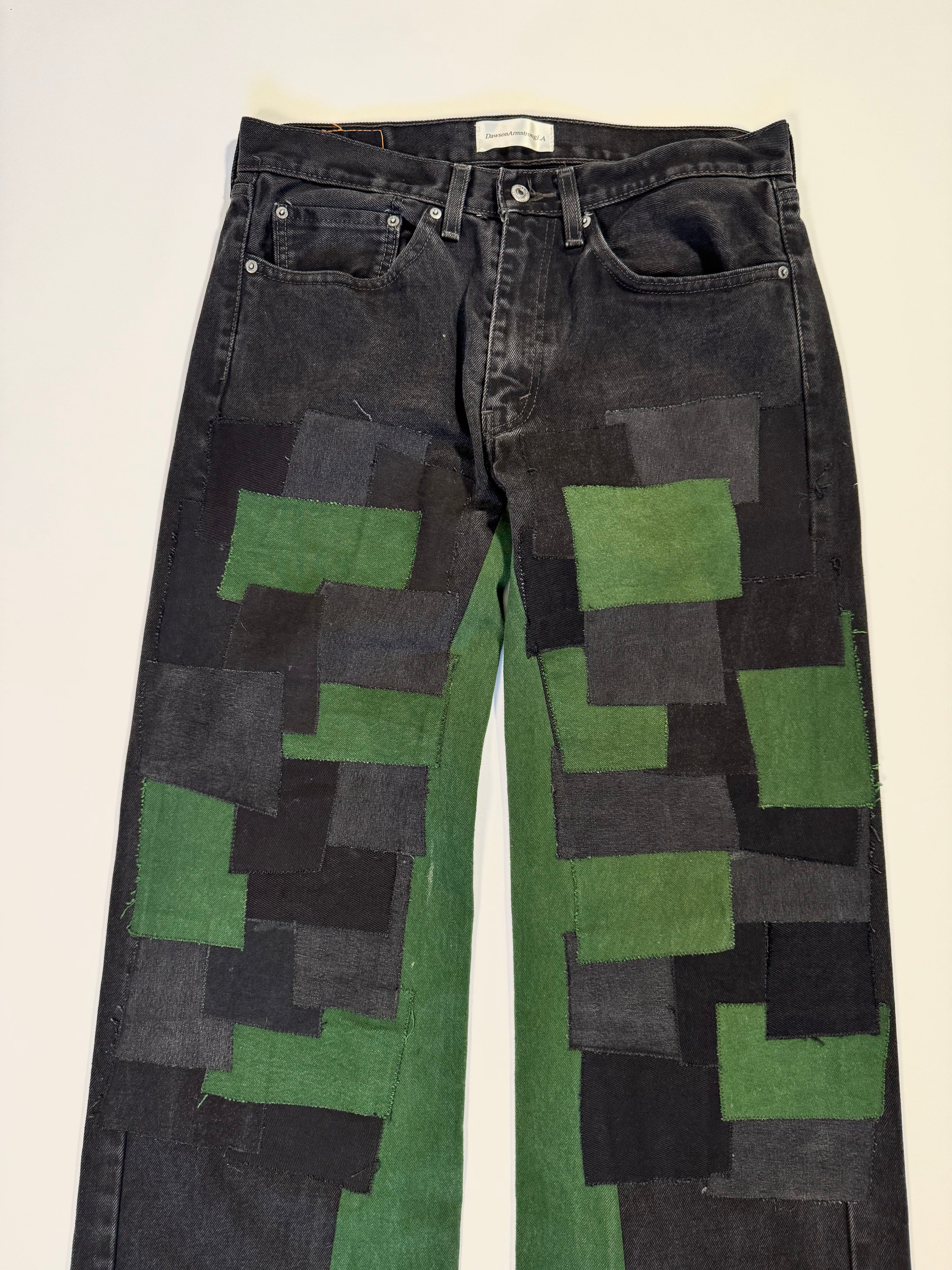 Black Green Patchwork Double Knee Jeans (34x30)